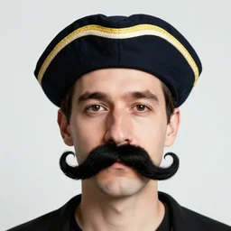 man with large swirly black moustache, giant nose, sailors hat, portrait, real life photo
