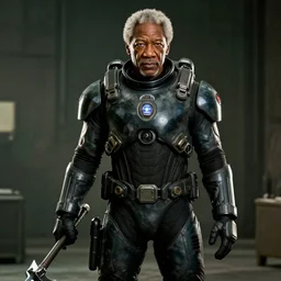 Morgan Freeman as Gordon Freeman in Half-Life 2, wearing the HEV suit and holding a crowbar
