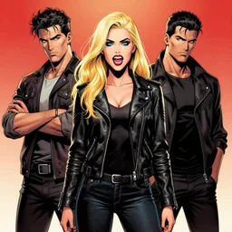 rafael albuquerque comic art, peter mohrbacher, steve niles, artgerm, pretty elizabeth olson vampire sharp vampire teeth open mouth, symmetrical eyes, black leather jacket, jeans, long blonde hair