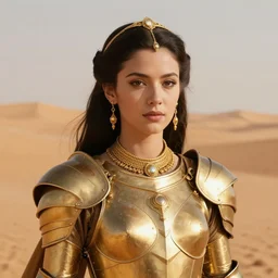 young dejah thoris on mars wearing detailed plate armor made of gold, portrait, extreme close - up, high noon, gold jewelry, elegant small tiara, giant sand dunes to the horizon, fantasy, movie poster from the 3 0's