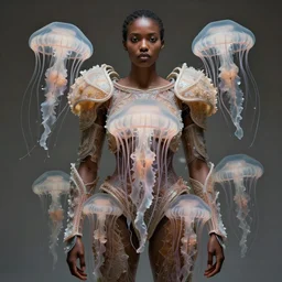 brown woman wearing an armor made of jellyfishes. super detailed. layered. textured. award winning. refracted lighting. soft. fragile. by ray caesar. by louise dahl - wolfe. by andrea kowch. by tom bagshaw. surreal photography