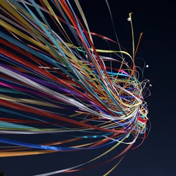 trillions of thin ribbons of colorful fabric unravel and twist chaotically in strong winds across a dark night sky, unreal engine
