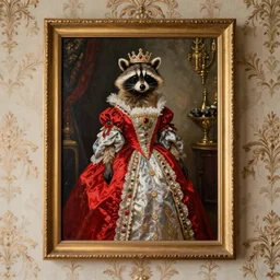 A majestic oil painting of a raccoon Queen wearing red French royal gown. The painting is hanging on an ornate wall decorated with wallpaper