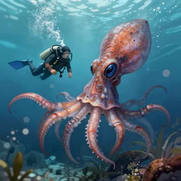 a humanoid squid discovering a diver, artstation, digital painting, background bokeh, realism, illustration, amazing art, award winning, trending - n 4