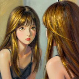 recursive image with a girl looking at mirror, large eyes, her long hair flowing, surreal, oil pastels and gold, in the style of katsuhiro otomo, modeled in poser, redshift render, uhd