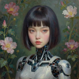cyberpunk portrait of cyborg cute girl, garden flower background, in the style of h.r giger, norman rockwell, highly detailed, soft lighting, 8k resolution, oil on canvas