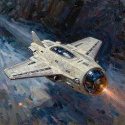 futuristic spaceship jumping to warp lightspeed  concept art oil painting by john berkey , minimal  detailed, brush hard
