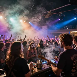 scandy and arender, cooking it up, hot hot hot, splash, ahhhhhhh, roomies, bohemian digitals, playing a live gig at night time with masks on, colored lights, over the shoulder shot, stroboscope, heavy fog machine, no faces visible, huge crowd on drugs, ecstatic, photorealistic photography