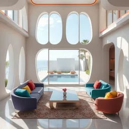 interior design of a beautiful lounge with creative windows and colorful couches, window to the pool, in the design of zaza hadid, sharp, hyper - detailed, 8 k resolution, good lighting