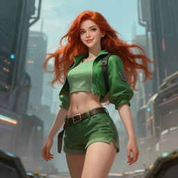 beautiful cute athletic red haired eighteen year old young woman standing up, casual green clothing, long hair, cyberpunk city, attractive smiling face, dramatic pose, rpg character, sci - fi, intricate, elegant, digital painting, artstation, concept art, smooth, 8 k frostbite 3 engine, ultra detailed, art by artgerm and greg rutkowski and magali villeneuve