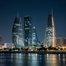 baghdad city and river, night photography, glass skyscrapers, digital art,