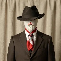 headless man, surrealist style, handkerchief, 1 6 th century, flowers, linen curtain, hat, suit jacket with tie
