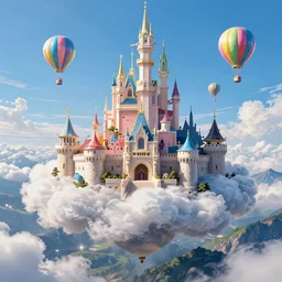 flying cloud castle, buildings, baloons, machines, bright, blue sky, mountains, colorful, cinematic lighting, fantasy, high detail, illustration, masterpiece, artstation, 4 k, art by wylie beckert and jana schirmer