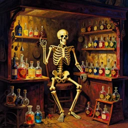 a beautiful artwork illustration, a skeleton selling potions in a shop, rembrandt lighting, high contrast, high contrast, high contrast, vibrant colors, vivid colors, high saturation, by Greg Rutkowski and Jesper Ejsing and Raymond Swanland, featured on artstation, wide angle, vertical orientation