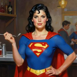 ultra realistic portrait painting of supergirl as a waitress, art by frank frazetta, 4 k, ultra realistic, highly detailed, epic lighting.