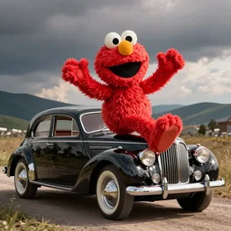Elmo hijacks a vintage Packard
