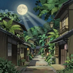Architectural section, animation concept art, studio ghibli style Miyazaki tekkonkintreet Teikoku Shounen style, amazing + fantasy Traditional Japanese alley lane on full moon, lush vegetation and ferns, sun rays, octane render, trending on artstation, hyper detailed, cinematic