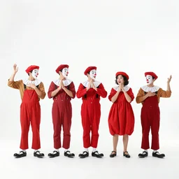 long line-up of pantomimes, full body view, expressive poses, white background