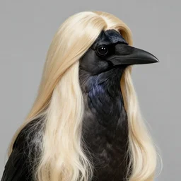 a photo of a crow wearing a wig of luxurious, long blonde hair. the crow looks fabulous and she knows it.