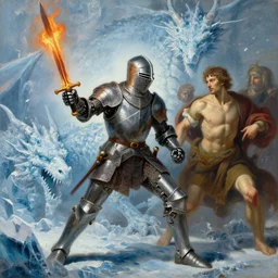 realistic painting image of a templar knight with one mechanical hand carrying a fire sword and wielding it at the ice dragon. dramatic scene, realism, created by gustave courbet and michaelangelo, trending in artstation, fine art, smooth draw with oil painting.