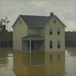 painting of a flooded house, by Edward Hopper