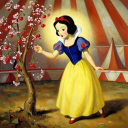 Snow White dressed as a samurai planting cherries in a circus, Painting by Salvador Dali