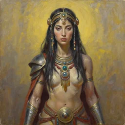 portrait a female shaman goddess android warrior, oil on canvas, by jeffrey catherine jones and enki bilal
