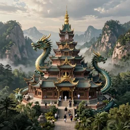 A beautiful hyper realistic detailed matte painting of a dragon shaped temple nestled in forest mountains by John Howe and Albert Bierstadt and Alena Aenami and dan mumford and dave noton, unreal engine, trending on behance