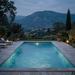 Resort pool during midnight, with the mountains in the background, by Claude Monet,