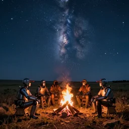 robots around a campfire at night on the open prairie under a beautiful sky filled with stars | in the style of Frederic Remington