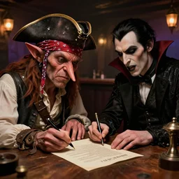 ( pirate with a bandanna ), goblin!! with a big nose, and a vampire!! signing a contract in a saloon, hyperrealism, 8 k, intricate
