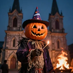 cinestill 5 0 d portrait of a spooky scarecrow jack - o - lantern head 3 / 4 by roversi holding a match in a old church on fire, at night, wearing a birthday hat, 3 5 mm lens, 8 k, elegant, highly detailed, soft blur, artstation, sharp focus, head in focus
