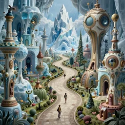an epic elite mysterious whimsical masterpiece sci - fi fantasy matte painting of a winding path through arctic dream worlds with surreal architecture designed by heironymous bosch, structures inspired by heironymous bosch's garden of earthly delights, surreal ice interiors by cyril rolando and asher durand and natalie shau and cyril rolando, insanely detailed and intricate, complex, elegant, story