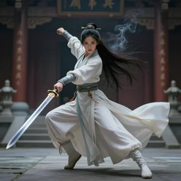 An epic fantasy comic book style portrait painting of a gorgeous sword dance Chinese costume woman , by WLOP trending on artstation & pinterest, long hair, smoke, full body XIANXIA, Chinese temple, depth of field by Yoji Shinkawa 4k