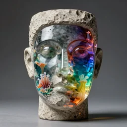 a stone cubist head sculpture, transparency of rainbow-coloured cast glass, face, 4k, ultra realistic, octane render, realistic shadows, angled light, octane render, gradients, lagoon, jelly, hyperrealistic, trending on cg station, subtle lighting, symmetry