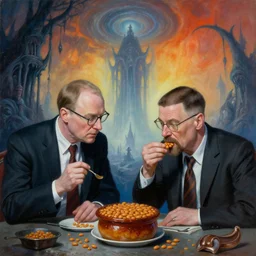 painting of jesse pinkman & walter white arguing about british baked beans, scene of man eating british baked beans, by zdzislaw beksinski, by dariusz zawadzki, by wayne barlowe, amazing details, gothic, surrealism, cosmic horror, lovecraftian, cold hue's, warm tone gradient background, concept art, beautiful composition