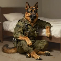 a humanoid german shepherd beast - man in military style, sitting on the carpeted floor beside a bed, highly detailed portrait, digital painting, artstation, concept art, smooth, sharp foccus ilustration, artstation