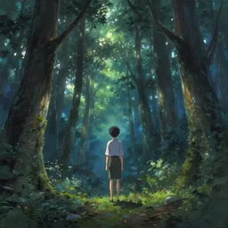 a painting of a person standing in the middle of a forest, a matte painting by makoto shinkai james girald beeple thomas kinkade, breathtaking lights, pixiv contest winner, fantasy art, anime aesthetic, anime, fantasy