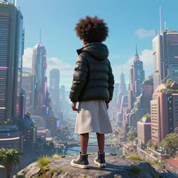young 🧔🏿 wearing a thin lightgray do rag and a black winter puffer jacket and hightop sneakers, facing the desperate and endless call of the metaverse, afrofuturistic urban cityscape, clear weather, unreal 5 engine render, vivid colors, high detail, studio ghibli and spiderverse, digital art, octane render, epic composition, trending artstation, award - winning photograph, masterpiece