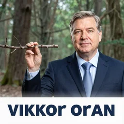 propaganda poster of viktor orban, branch in hand, woods in background