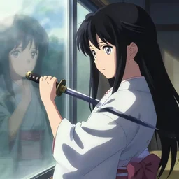 advanced digital anime art, matte painting , woman with silver eyes wearing a kimono cutting her long black hair with a katana looking into the reflection of a glass window, painted by RossDraws in the style of Makoto Shinkai —W 1920 —H 1080