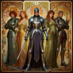 full length portrait of a beautiful mysterious woman warrior in armour and helmet by eve ventrue, michael carson, andreas rochas, john watkiss, casey weldon, artgerm. art nouveau. tarot card by mucha. gloomhaven. swirly intricate linework background. gaudy colors, sharp edges. octane render