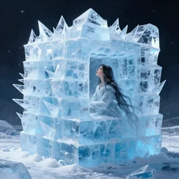 a labrithm made of ice with a lone girl waking on it. sharp focus. highly detailed. digital art. drawing. pretty