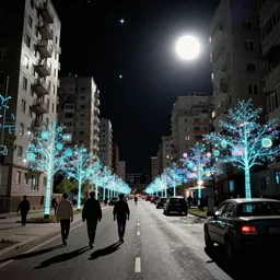 cyberpunk street photo, citizens and vehicles in a high rise apartment neighborhood on the Moon, long shadows, holographic trees in a Russian city called Neo Norilsk on the Moon, pitch black sky with stunning bright stars, bright sun, high contrast, black sky full of stars, holograms, blinding bright sun, sci-fi, cyberpunk outfits, photorealistic, grainy, 35mm, intricate, very very beautiful, elegant, smooth, cinematic, Unreal Engine 5