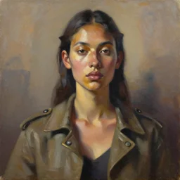 portrait in daring femininity, ethnic, realistic face sculpted features, urban outfit with jacket and buckles, warm glow, bathed in light, chiaroscuro, specular highlights, angular impressionism, radiosity, natural color scheme, earthy tones, modern fashion, contemporary art, oil on canvas