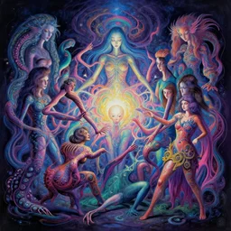 chromatic melting biological psychedelic realm possessed by astral beings trying to escape the end of time while wrapping around each other in a significantly meaningful exodus h. r. giger junji ito lisa frank andree wallin