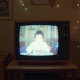 analog tv screen in 1990\'s classic kids room with lights off, flash image, shot on webcam