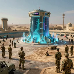 photo environement us military base in sudan, 4 k rtx hdr volume light concept studio matte painting environement digital illustration style cyberpunk 2 0 7 7 artstation artur tarnowski, mihai muscan, marcin tomalak, marta leydy, marcin stepien, charlotte hughes, zuzanna dabrowa neon bioluminiscence