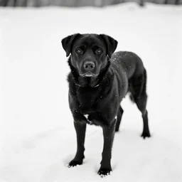 black and white photo of a single black dog in the snow, menacingly staring at the camera, by josef koudelka, analog photography