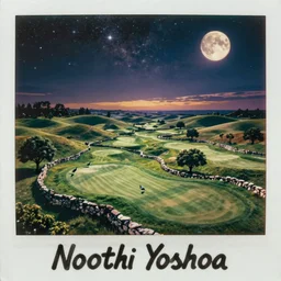 nocturnal moonlit mystical overview, panorama, aerial view. birds eye view of a perfect sprawling infinite elysian dreamlike green hilly pastoral astral psychedelic golf course with stone walls landscape with cherished trees, stone walls under cosmic stars, cosmic moonlight, stone walls, cherished trees, memory trapped in eternal time, golden hour, dark sky, evening starlight, peaceful haunted vintage psychedelic painted polaroid by hiroshi yoshida